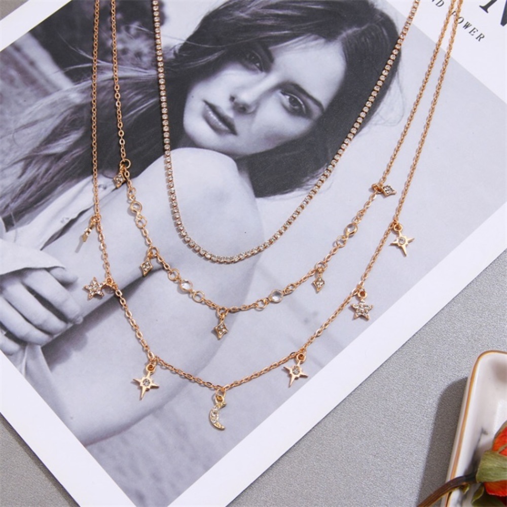 “Moon Child” Starry Diamond Night Sky Layered Trendy Gold Festival Necklace - Picture 3 of 6